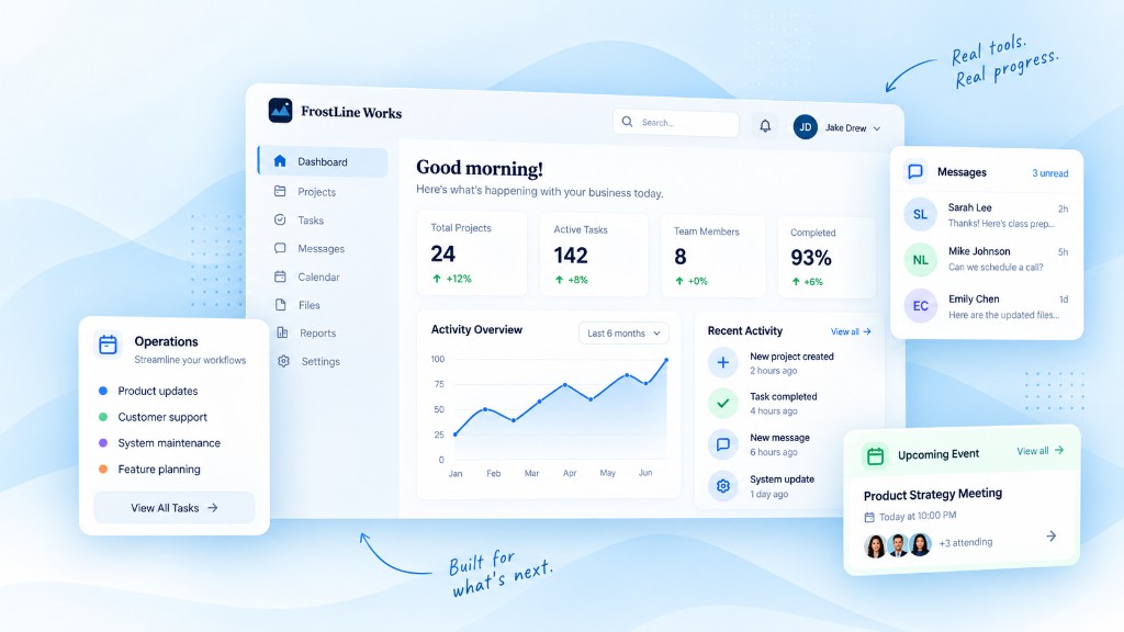 Illustration of a FrostLine Works business dashboard with project metrics, activity charts, and team tools.